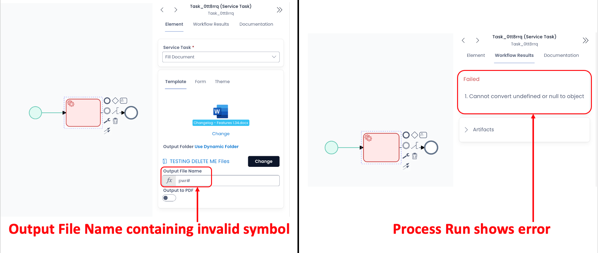 Image showing error generated when invalid symbols used in Output filename